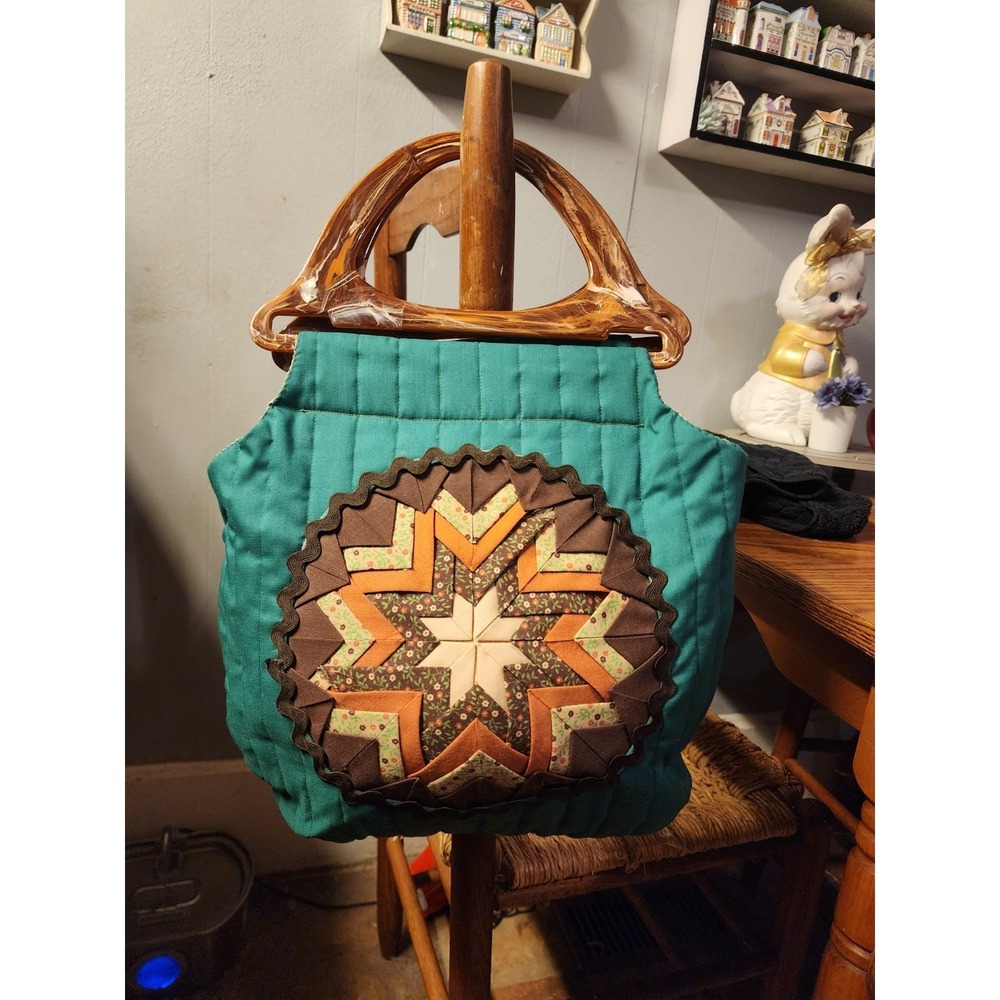 Vintage MCM Quilt Star Hexagonal Boho Tortoiseshell Handled Knitting Bag Purse